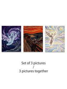 表现主义艺术三联画：蒙克风格的恶魔、天使和幽灵帆布画，哥特式休息室、书房的黑暗三位一体墙面装饰画 | 美学 - 彩色 - 查看 11