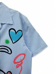 印花衬衫，男女通用，蓝色条纹上衣，可爱小狗皇冠和心形花朵图案，情侣装，街头艺术风格，休闲外向，年轻人，度假衬衫，情人节礼物，短袖，夏威夷风情 - 淺藍色 - 查看 3