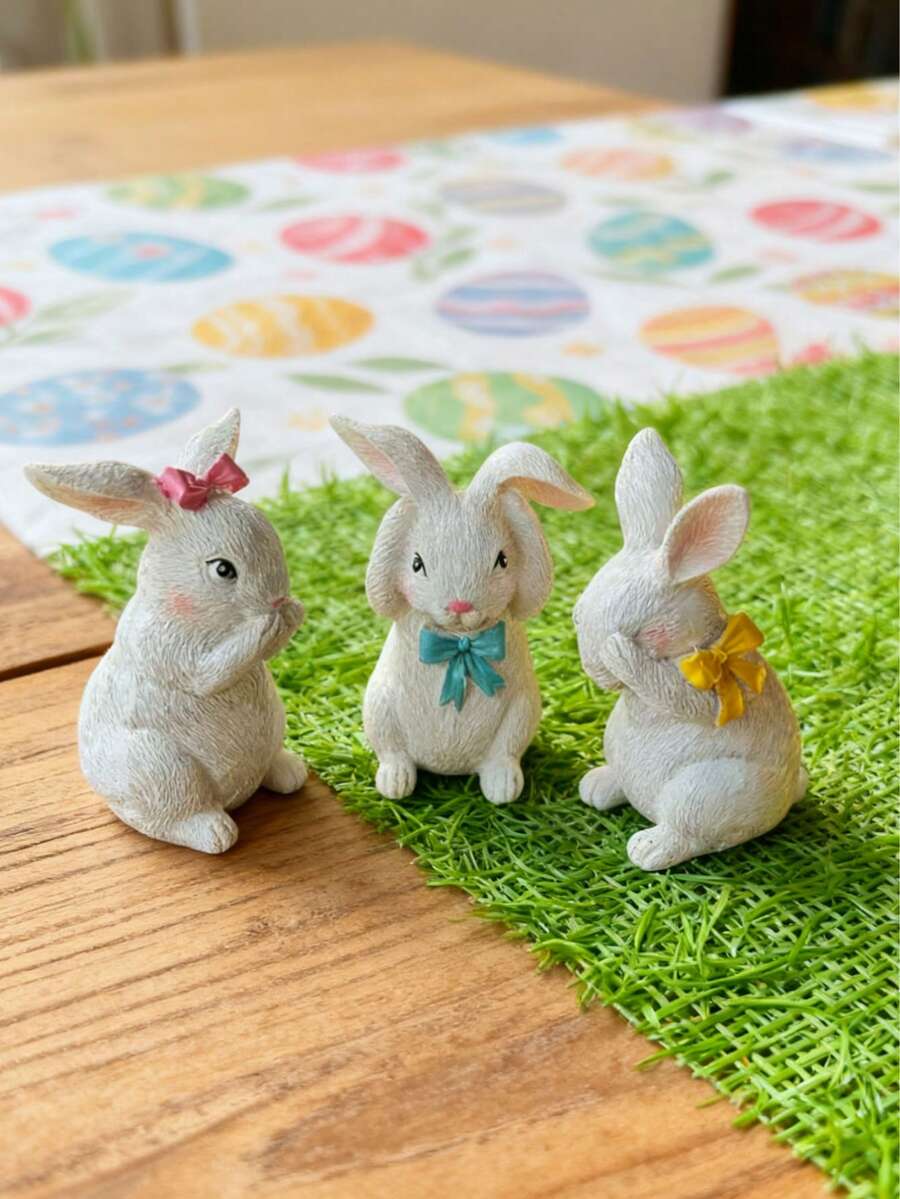 3pcs Cute Easter Bunny Figurines - White Resin Rabbit Statue Decorated With Soft Bow (See No Evil, Hear No Evil, Speak No Evil) - Adorable Spring Home Decor, Suitable For Tabletop, Shelf, Kitchen Or Living Room - Rustic Style Easter Holiday Gift - Multicolor - View 1