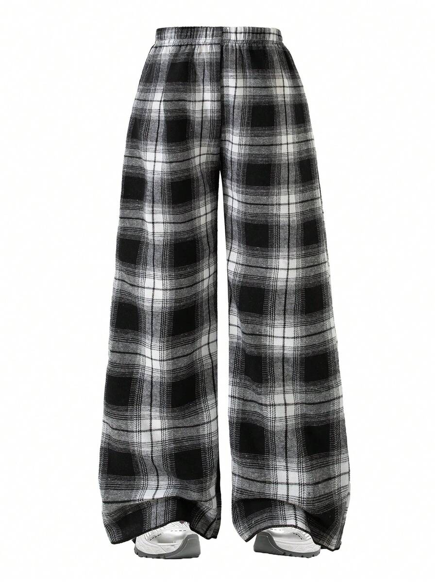 Girls' Casual Checkered Pattern Elastic Waist Pants, Suitable For Spring And Autumn - Black and White - View 1