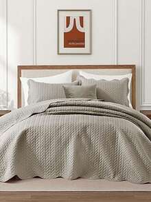 Quilt King Size Bedding Set (106" X 96") - 2 Pillow Shams (20" X 36"+ 2") - Reversible All Season Lightweight 3 Pcs Microfiber Coverlet Set Embossed Quilt Bedspreads - 米色 - 查看 2