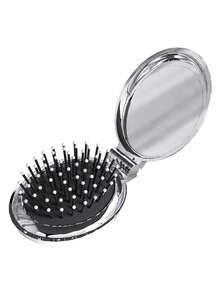 1pc/3pcs Glossy Electroplated Silver Oval Folding Comb With Built-In Mirror, Compact & Portable Design, Unisex - Multicolor - View 4