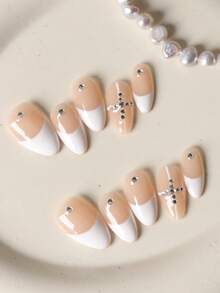 10pcs Acrylic Press On Nails Almond Nails French Style White Cross Strobe Nails Press On Nail Supplies Short Nails Fake Nails Artificial Nails Kit Includes 1sheet Adhesive Tabs &1 Pc Mini File - Multicolor - View 3
