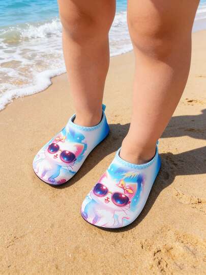 Kids Water Shoes For Girls Toddler Cartoon Cat With Sunglasses Print Blue Pink White Quick Dry Anti-Slip Aqua Socks For Beach Pool Water Activities