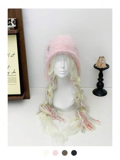 女士手工针织毛绒发箍帽，厚实保暖，美利奴羊毛材质，时尚百搭，可保暖耳朵，编织设计，适合秋冬季佩戴。