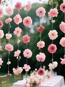 20件套粉色花卉瀑布装饰套装，包含20朵仿真粉色花朵和1卷透明绳，可DIY人造花帘，适用于婚礼、派对、情人节、新娘送礼会、生日房间装饰（粉色花朵随机），也可用作婚礼摄影道具。 - 彩色 - 查看 3