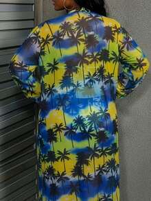 大码女式夏季沙滩棕榈树印花露背系带性感比基尼套装，含和服罩衫，度假必备 - 椰子樹花色 - 查看 3