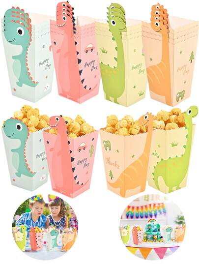 24/12pcs Dinosaur Popcorn Boxes, Dinosaur Pattern Popcorn Boxes, Suitable For Birthday Parties, Baby Showers And Other Holiday Decorations, Can Also Be Used As Candy Boxes, French Fry Boxes, Chicken Nugget Boxes, Movie Snack Boxes, Baby Shower Decorations, Birthday Party Decorations.