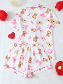 2 pezzi/Set Comodo San Valentino Orsacchiotto Stampa Manica Tasca Bavero Maniche Corte Top E Pantaloncini Con Fiocco Pigiama Donna, Abbigliamento da Relax - Bianco - Visualizzare 2