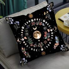 TOPSSCTR 1件黑色主题抱枕套，饰有月亮、星空和花卉图案，神秘装饰枕套，17.7英寸/45厘米复古黑色方形抱枕套，花朵、月亮和猫咪印花枕套，适用于家居书房、办公室装饰（不含枕芯） - 黑色 - 查看 12