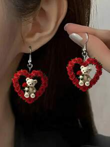 1 Pair Romantic French Valentine's Day Heart Rose Flower & Bear Cute Versatile Delicate Mori Style Kawaii Earrings - Rose Heart Bear - View 3