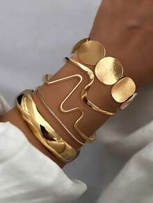 7/6/5pcs Vintage Exaggerated Luxurious Geometric Design Women Gold Metal Bangle Bracelet Set, Suitable For Daily Wear And Gift - Gold - View 4