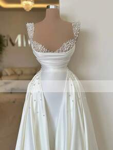 Elegant Sexy Pleat A Line Satin Formal Wedding Dress,Registry Office Dresses Engagement Bridal Gown,Evening Party Dress Birthday Party Dress Country Wedding,Romantic Church Ceremony Wedding Dress,Suitable For Wedding,Dating,Party,Singles' Party,Vacation,Formal Occasions,Dinner Dress,Prom Dress,Homecoming Dess,Cocktail Party,Wedding Guest Dress,Graduation - 白色 - 查看 2