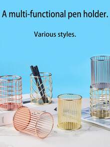 1pc V-Shaped Golden Pen Holder/Desk Organizer Box, Multifunctional, Diverse Styles. Golden Nordic Style Cosmetic Storage Box. - Multicolor - View 1