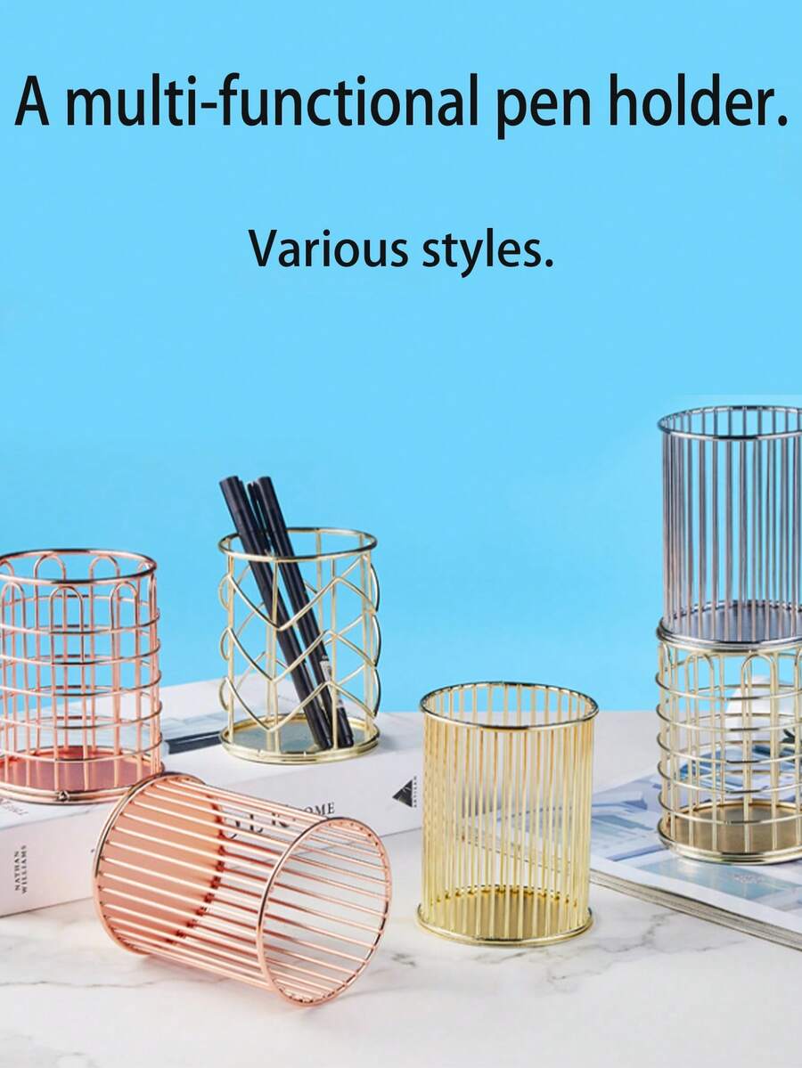 1pc V-Shaped Golden Pen Holder/Desk Organizer Box, Multifunctional, Diverse Styles. Golden Nordic Style Cosmetic Storage Box. - Multicolor - View 1