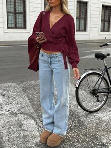 2025 Autumn/Winter Wrap Tie Knit Sweater, White, Women's Essential For Home, Commute, Date, Travel, Suitable For Various Occasions, Light Gray - Màu Đỏ Sâu - Xem 13