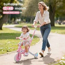 Kids TricyclesTriciclo 5 en 1 para niños pequeños de 1 a 3 bicicleta convertible con mango de empuje y pedales extraíbles bicicleta de equilibrio con ruedas de iluminación coloridas altura ajustable del - Rosa - Ver 2