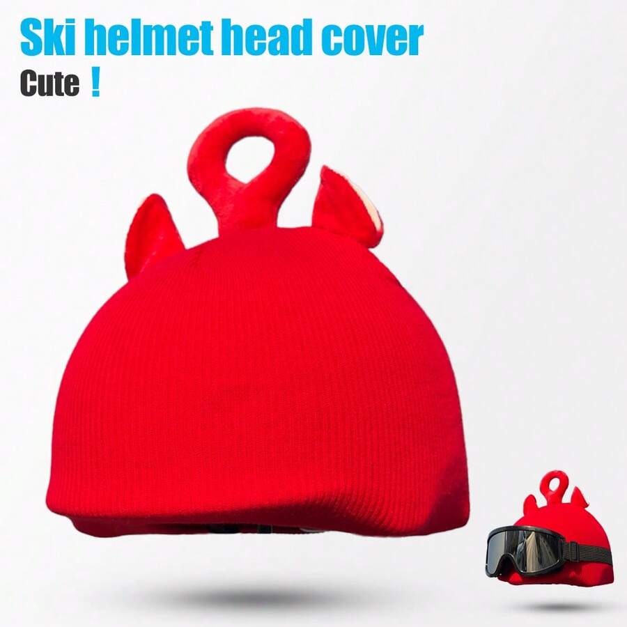 1pc Ski Hat & Helmet Cover, Cute Plush Cartoon Design, Can Be Worn Separately Or With Half Helmet, Suitable For Cycling, Skiing, Outdoor Sports - Red - View 1