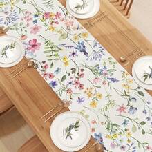 [Watercolor Floral Rectangle Runner] [1pc Floral Linen Table Runner] Watercolor Floral Linen Table Runner, 100% Woven Linen, Flower Pattern, Rectangle, Multiple Sizes, For Dining Room, Spring Summer Easter Table Decor - Nhiều màu - Xem 3