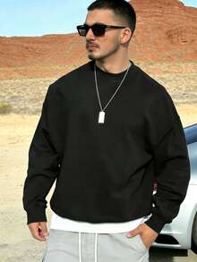Sudadera deportiva casual para hombres - unicolor, manga larga, tela de punto, silueta en H, adecuada para senderismo y actividades al aire libre, material de poliéster, cuello redondo, deportiva para otoño/invierno negro primavera - Negro - Ver 3