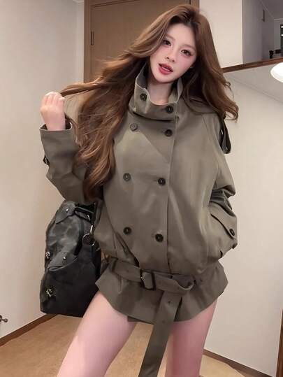  [Y6Y] Women's Military Green British Style Stand Collar Tie-Waist Trench Coat, Mid-Length Fashion Double-Breasted Vintage Jacket Spring