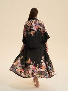 复古宽松中长款优雅印花和服罩衫浴袍，系带波西米亚风沙滩罩衫，夏季度假泳装外套 - 黑色 - 查看 2