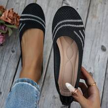 圆头女士平底鞋，针织拖鞋，夏季休闲透气芭蕾舞鞋，低帮女士乐福鞋，舒适百搭的妈妈鞋，波西米亚风，颜色有黑色、白色、橄榄绿、米色、天蓝色、浅蓝色、卡其色、浅棕色、海军蓝、黄色，适合春秋季节，大码，轻便网面休闲步行鞋，纯色套脚鞋 - 黑色 - 查看 9