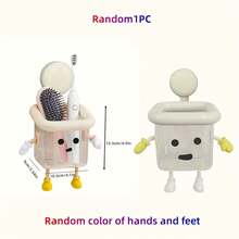 卡通浴室收纳挂钩架 - 免钻孔吸盘壁挂式，耐用塑料牙刷牙膏架，水槽配件，可爱家居装饰，萌趣机器人吸盘收纳架，卡通设计浴室收纳架，底部排水孔，简约壁挂式浴室牙刷架，可收纳杂物和废纸 - 彩色 - 查看 9