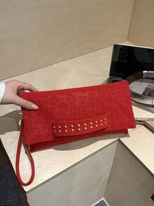 Sac pochette carré décoratif de couleur unie pour femmes, idéal pour les courses quotidiennes et les voyages - Rouge - Voir 3