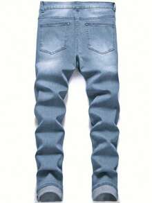 Teen Boy Black Jeans, Grey Elastic Slim Fit Casual Comfortable Denim Pants, Suitable As Gift For Teen Friends Party - 淺色水洗藍 - 查看 3