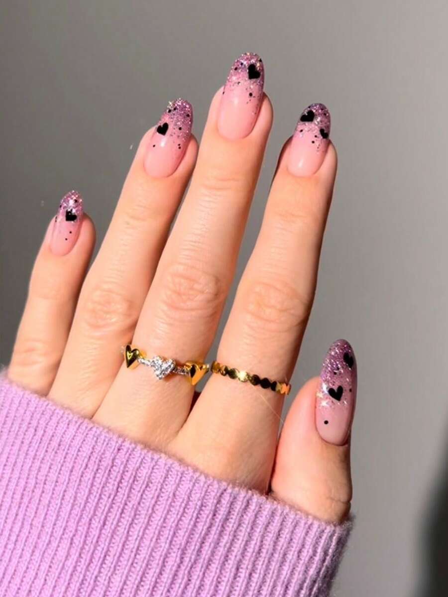 24pcs Round Press On Fake Nails Pink Short Nail Black Love French Fake Nails Valentine's Day Nails