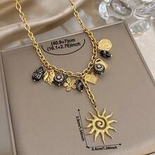 1pc Fashionable Gold-Tone Mixed Pendant Necklace - Sun Tassel, Leaf And Flower Pendants, Eye-Catching Accessory, Elevates Casual And Holiday Outfits, Unisex, Valentine's Day Gift, Men's Necklace - Multicolor - View 8