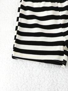 Fashionable Cute Bear Applique Black & White Striped Polo Collar Outfit For Baby Boys, Summer - Black - View 7