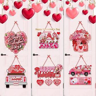 2/6 Pcs Valentines Day Door Signs Heart Trucks Flowers Design Wall Hanging Decoration Pink Happy Valentines Day Paper Door Sign For Wedding Anniversary Home Decor