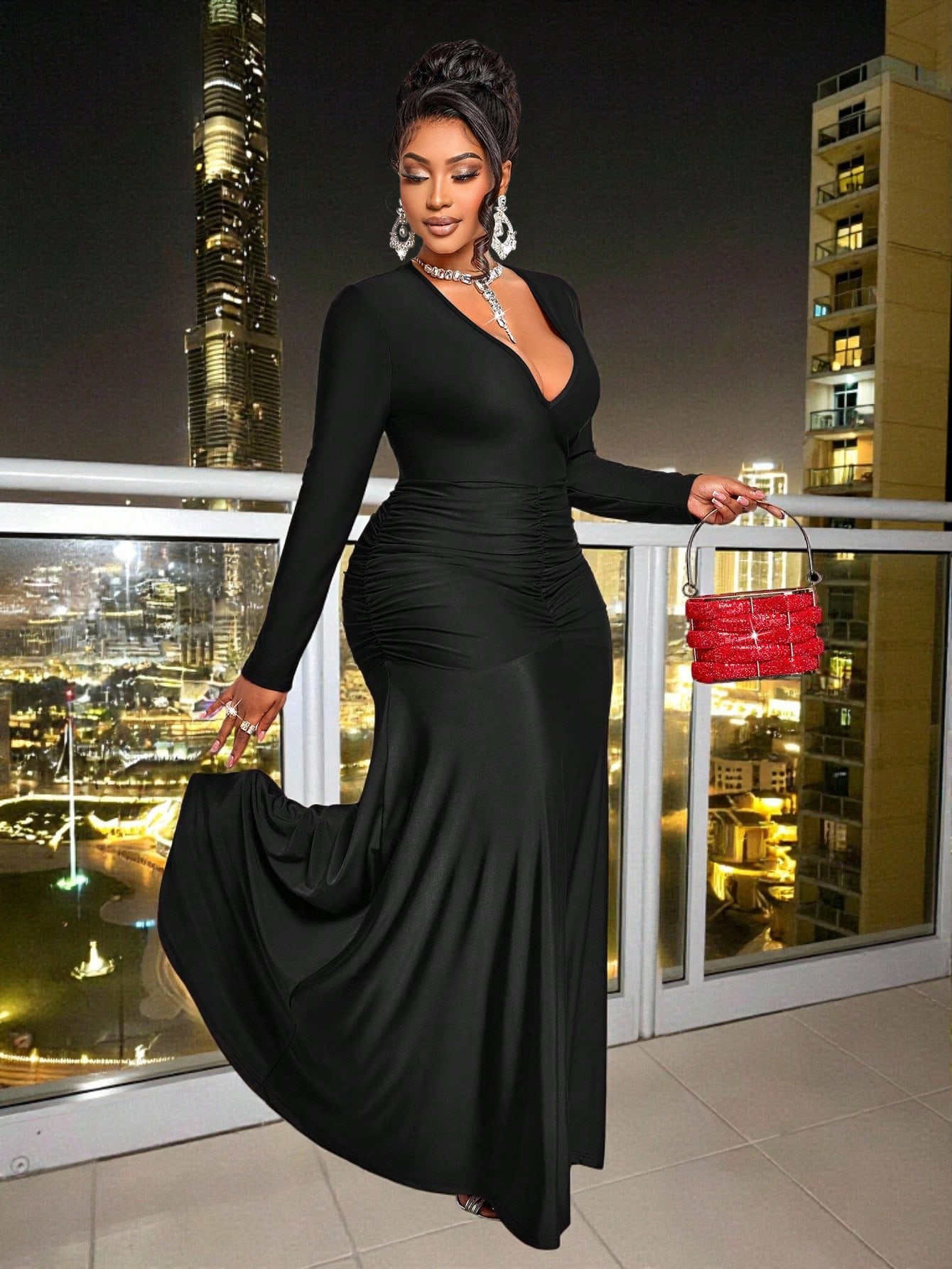 BIUBIU فستان محبوك بلون واحد مع طيات على الكتف منا...