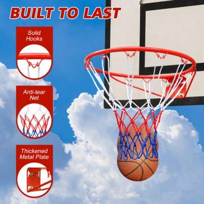 45.72cm Basketball Rim Replacement, Wall Door Mounted Basketball Rim, Heavy Duty Basketball Flex Rim Goal Replacement With Net Fits In-Ground & Wall-Mounted Basketball Hoops, Indoor/Outdoor (Red)