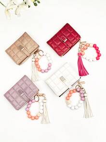 2026 New Kids Beaded Handheld Wallet, Checkered Snap Closure Multi-Functional Wallet Card Holder Zipper Coin Purse - Multicolor - View 1