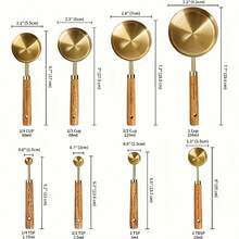 13-Piece Stainless Steel Measuring Cups And Spoons, Kitchen Gadgets, Stainless Steel Measuring Cups With Acacia Wood Handles, Measuring Spoon Set Suitable For Dry Goods And Liquids, Baking Tools DIY Seasoning Spoons, Suitable For Various Holidays - Gold - View 8