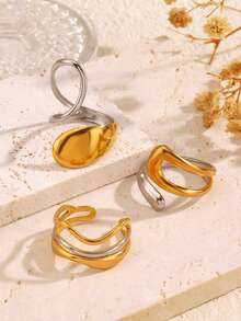 3件套优雅不锈钢18K镀金时尚几何不对称线条水滴戒指套装，适合女性日常、度假、购物、派对、约会、休闲场合佩戴 - 彩色 - 查看 4