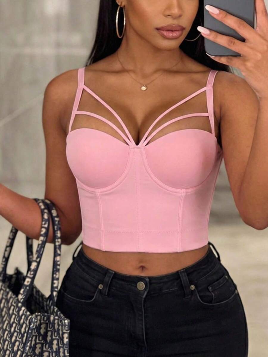 女士粉色吊带束身胸衣，休闲外出情人节抹胸上衣 - 粉色 - 查看 1