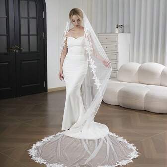 1 pieza Velo de novia delicado de encaje con adorno de perlas falsas, accesorio de cabello de novia de alta gama para fotografía de boda