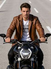 Street Motorcycle Style Men's Leather Jacket - Black And Brown Dual-Color PU Leather Jacket. A Outdoor Wear For Cycling And Daily Outings. A Gift For Boyfriends, Friends, Or For Group Cycling Events. Suitable For Spring And Autumn Seasons. - Brown - View 4