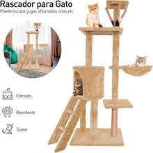 Cat Trees & CondosBluelander Torre para Gatos de 1.3 M de Altura Arbol para Gatos de Múltiples Niveles Rascador para Gatos Escaleras Repisas Cueva y Hamaca Superficies Sólidas y Afelpadas Cuerda de Yute Café - Blanco y Negro - Ver 2