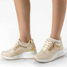 WEIDE Tenis de mujer con cuña, zapatillas deportivas de moda con cremallera para amantes del deporte y la comodidad, combinan con jeans y ropa casual, ideales para uso diario, deporte y actividades al aire libre - Dorado - Ver 9