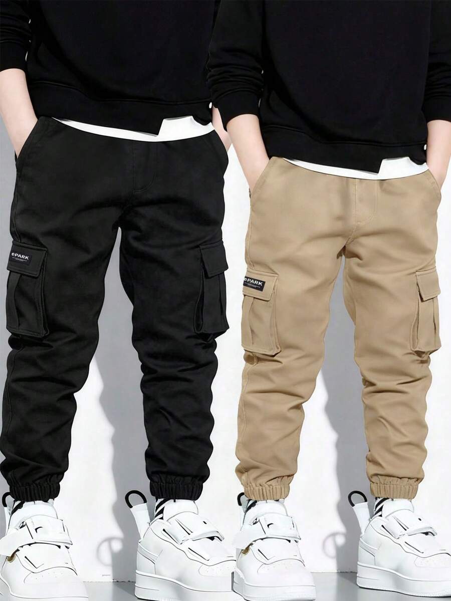 2pcs Young BoyFashionable Minimalist Multi-Pocket Cargo Pants, Versatile Sporty Design (Actual Size Runs Small, Suggest Ordering One Size Up Based On Product Images)