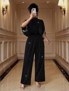 Bộ đồ liền thân tay ngắn thanh lịch cỡ lớn dành cho nữ, cổ đứng, dây buộc sau lưng, cổ tay áo thêu, thích hợp mặc hàng ngày và dự tiệc - màu đen - Xem 3