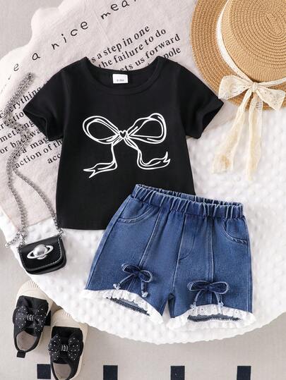 Baby Girl Butterfly Print Black Short Sleeve T-Shirt Top And 3D Bow Lace Trim Denim Shorts Set