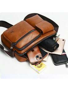 1个男士复古风可调节肩带斜挎包，多口袋设计，适合日常通勤、商务出行和旅行，可容纳手机、钱包、卡片和钥匙。 - 彩色 - 查看 4