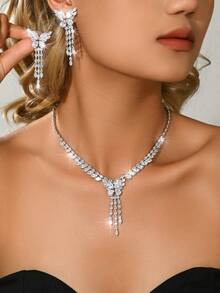 Women's Silver-Tone Butterfly & Floral Rhinestone 2 Pieces Jewelry Set (Necklace+Earrings) - Elegant Bridal Evening Jewelry