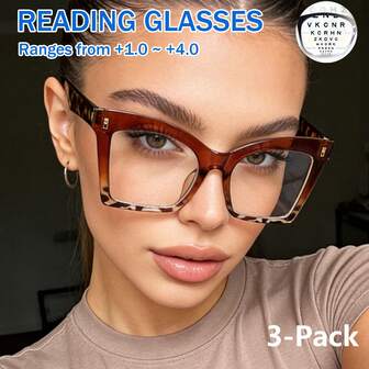 cabecade 3 件装时尚超大老花镜男女通用，复古猫眼老花镜，时尚眼镜，适合读书和电脑使用